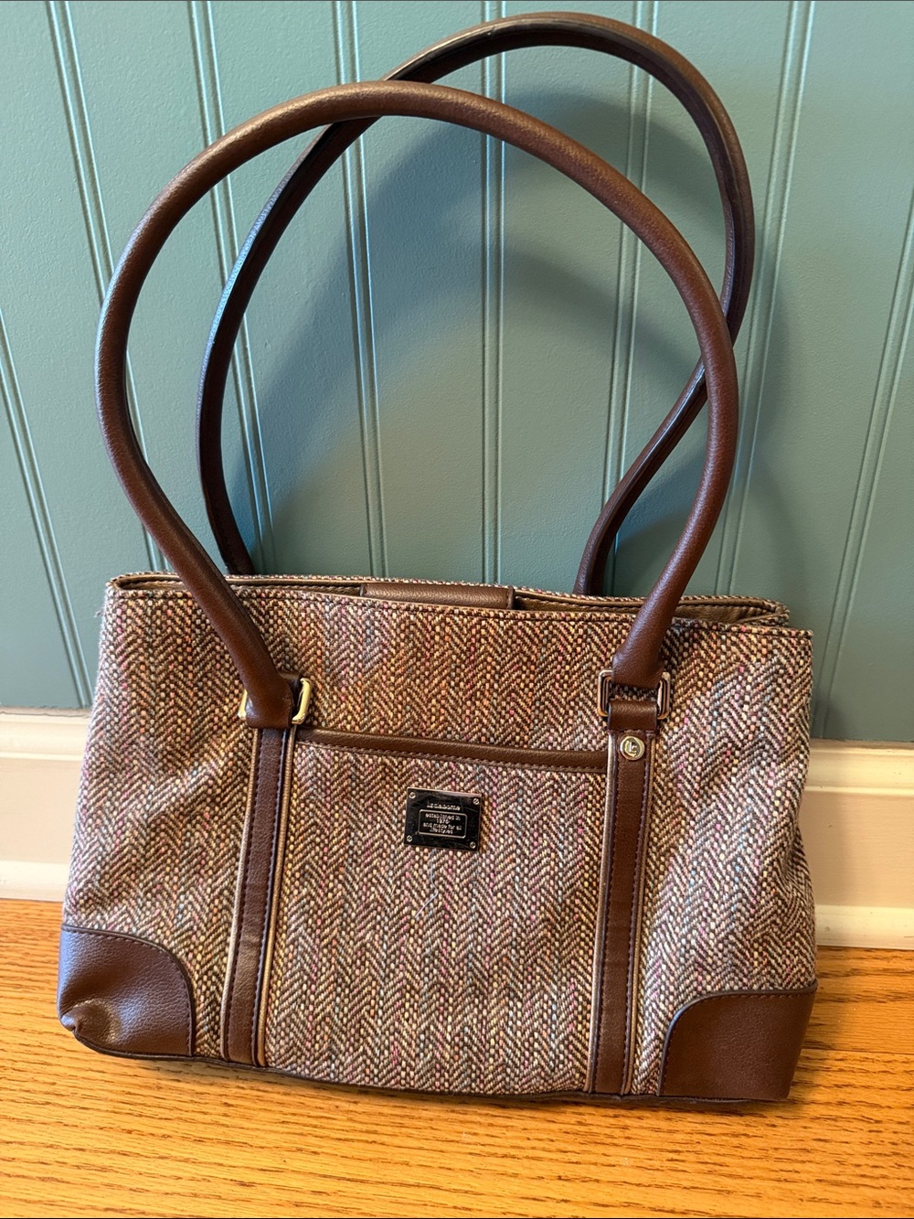 Brown Tweed Tote Bag with Leather Trim